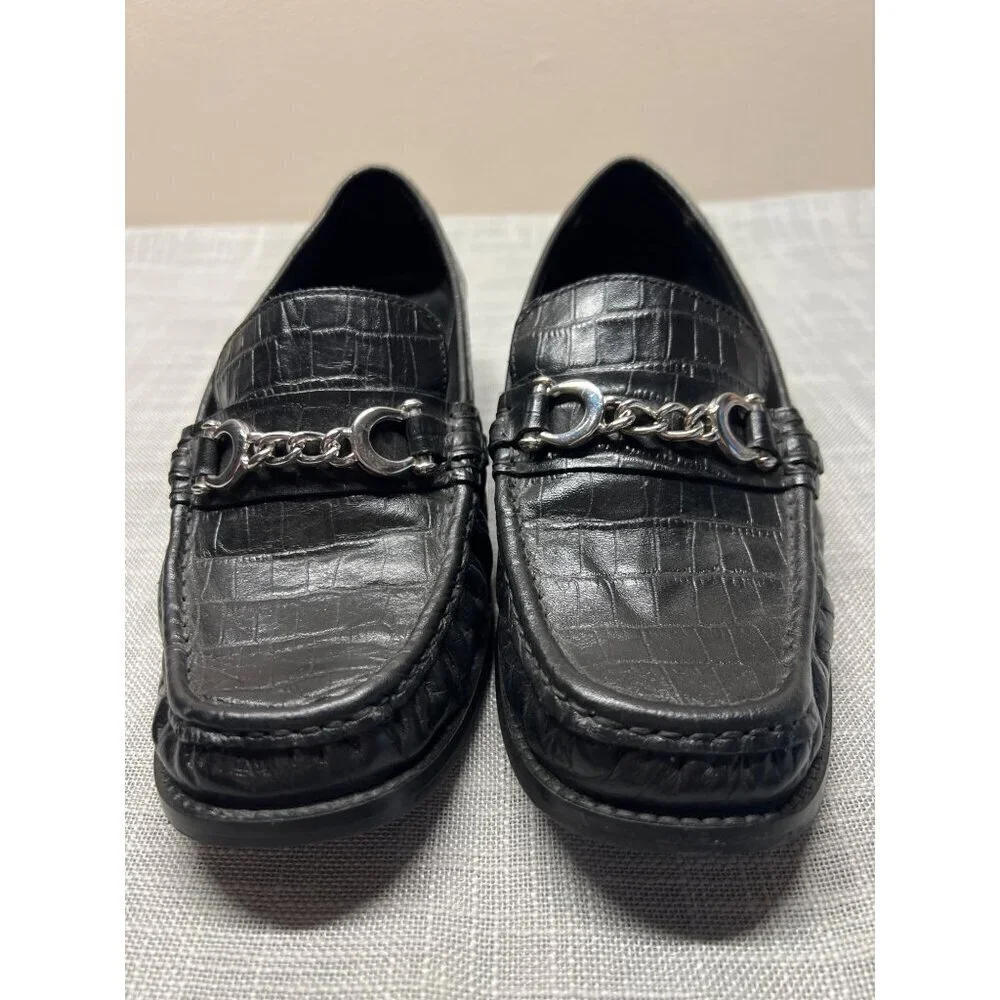 Topshop Womens Horse Bit Croc Embossed Black Heeled Leather Loafers Size 41 10.5